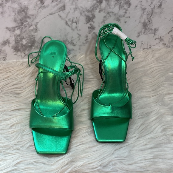 NWOT Zara Metallic Green Lace-up Leather Sandals, Size 7.5 - Picture 6 of 17